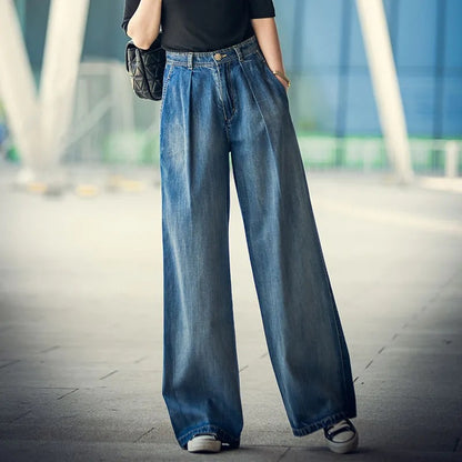 Women's Fashion Color Contrast Loose High Waist Denim Trousers