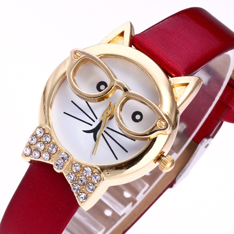 Light board mechanical cat glasses watch cat face small belt children watch cartoon student watch - Amazhona 