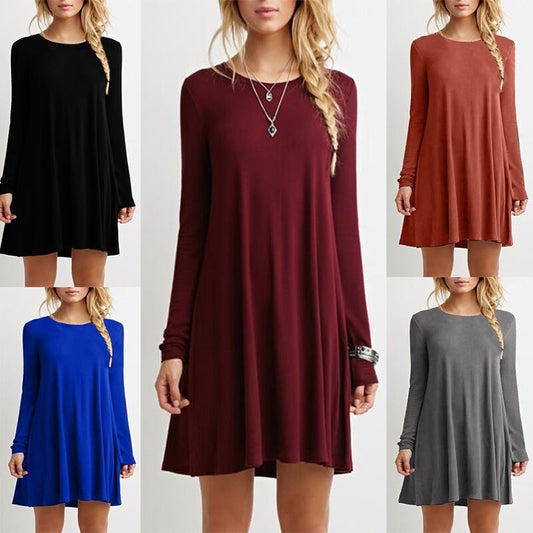 Solid color long-sleeved loose slim dress - Amazhona 