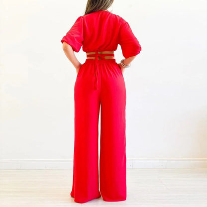 Solid V-neck Shirt High Waisted Wide Leg Pants Set - Amazhona 