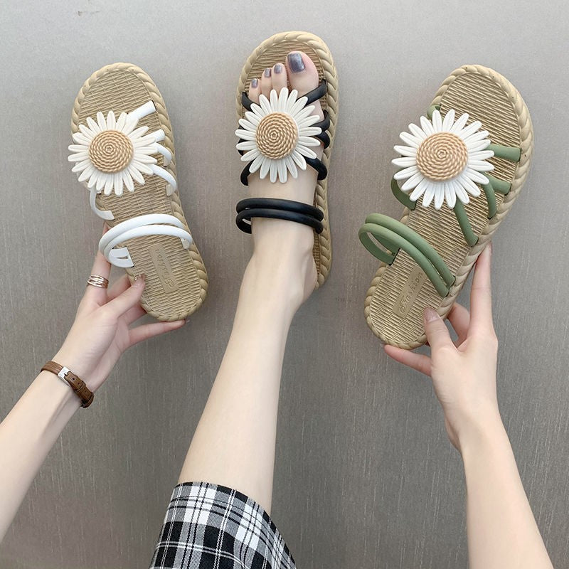 All-match Outer Wear Student Fairy Style Flat Sandals And Slippers With Small Wrinkle Chrysanthemum - Amazhona 