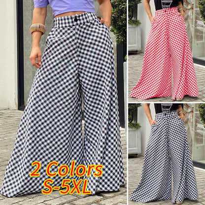 Women's Retro Plaid Flared Pants Casual High Waist Wide Leg Pants