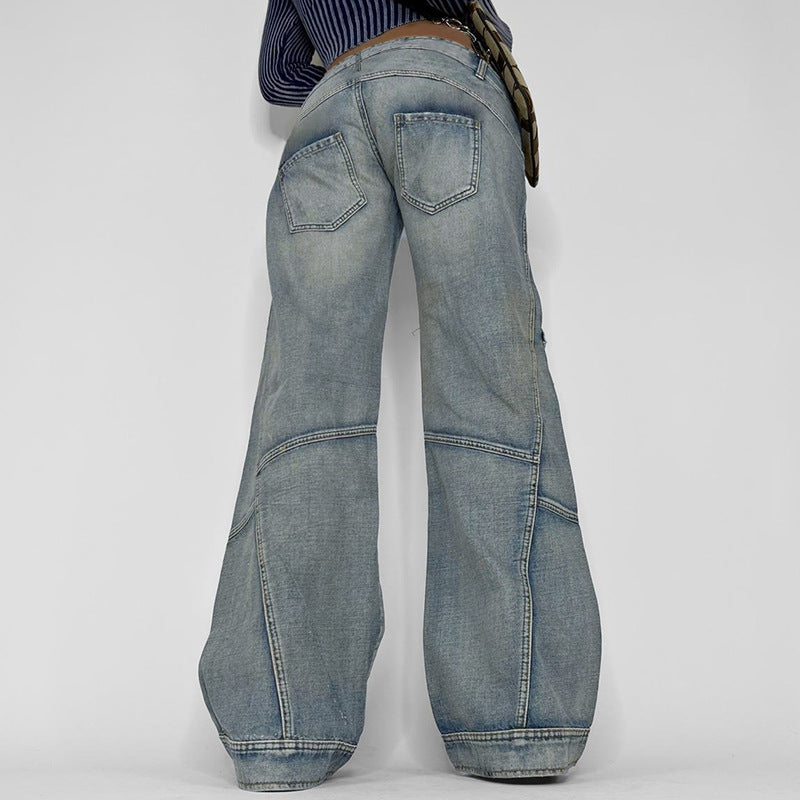 Women's Single-breasted Loose Distressed Split Line Design Jeans