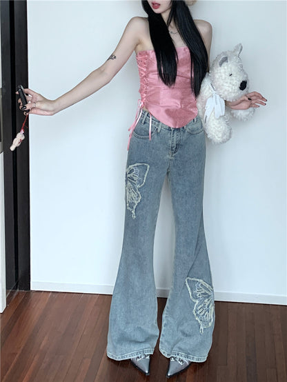 Distressed Low Waist Slightly Wide-leg Pants Mop Trousers