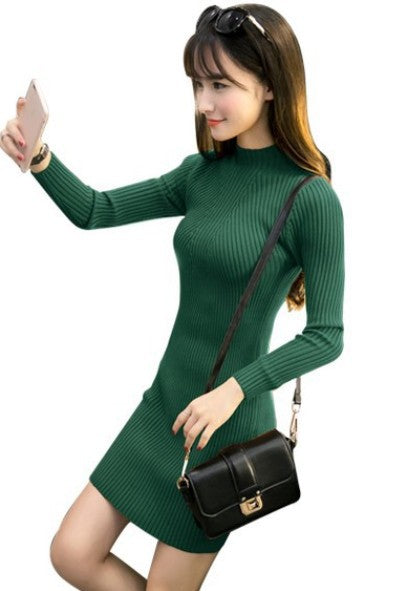 Fashion half high neck hip wrap knit dress - Amazhona 