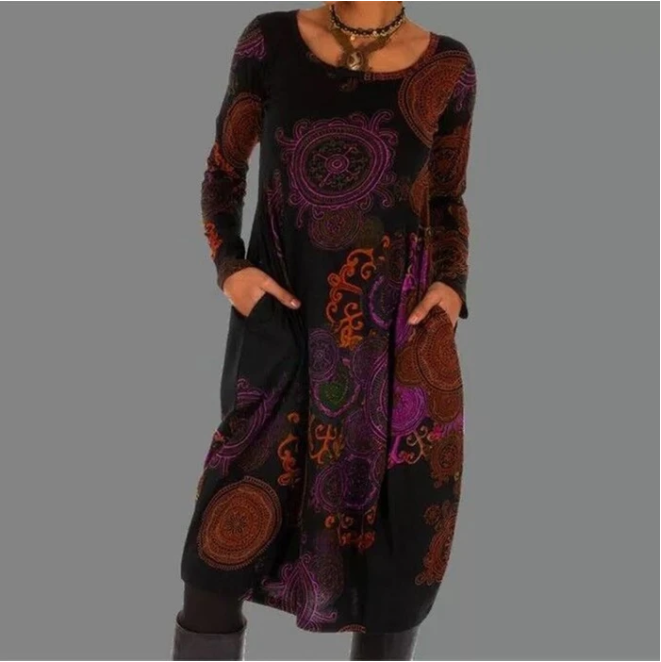 Casual Loose Printed Dress Round Neck Long Sleeves - Amazhona 