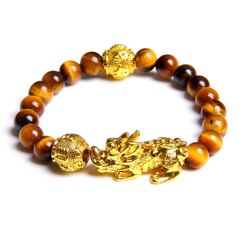 Tiger eye stone elastic brave gold plated ball bracelet - Amazhona 