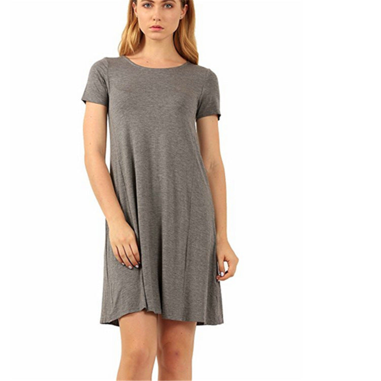 Women's Fashion Solid Color Round Neck Short Sleeve Dress