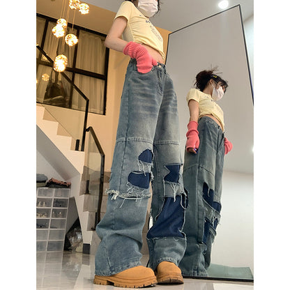 Ripped Stitching Burr Contrast Color Jeans