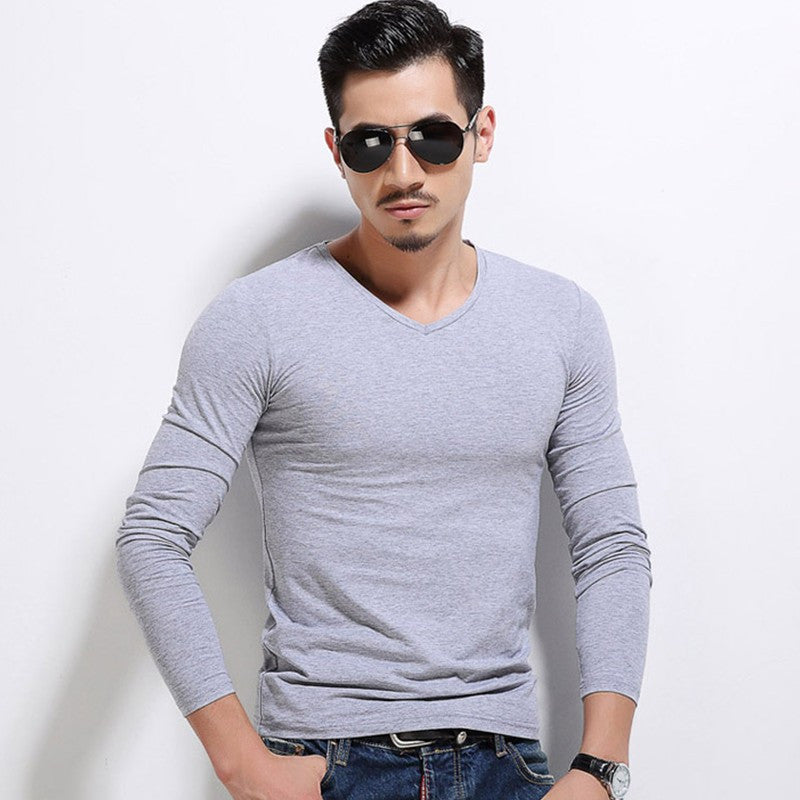 Men's Slim V-neck Bottoming Shirt Solid Color T-shirt - Amazhona 