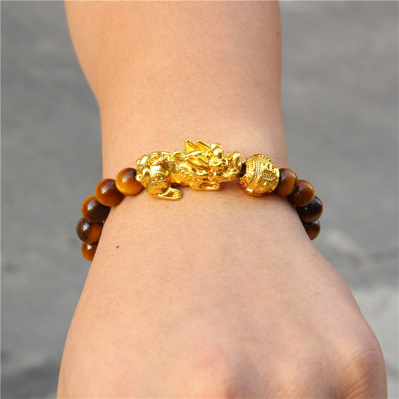 Tiger eye stone elastic brave gold plated ball bracelet - Amazhona 