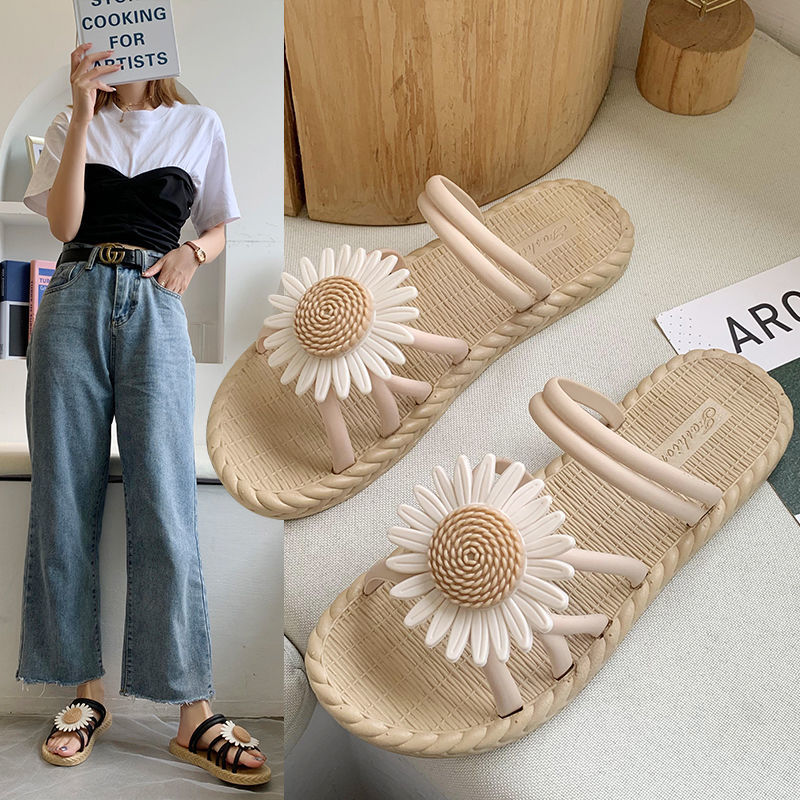 All-match Outer Wear Student Fairy Style Flat Sandals And Slippers With Small Wrinkle Chrysanthemum - Amazhona 