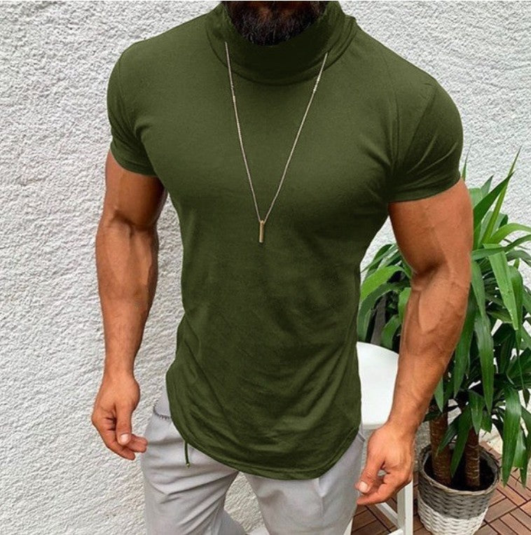 Men's Simple Solid Color High Neck Short Sleeve - Amazhona 