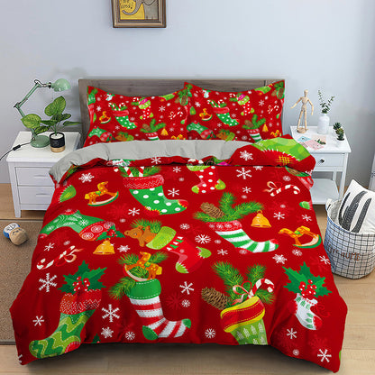 Red Cartoon Santa Claus Three-piece Digital Printing Bedspread - Amazhona 