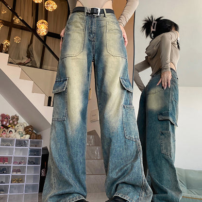 American Workwear Pocket Wide Leg Denim Straight-leg Pants Women