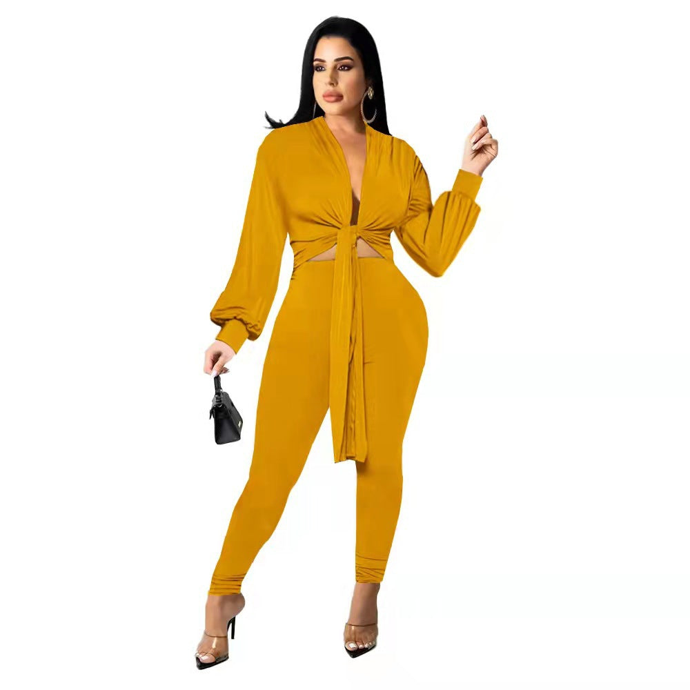 New Solid Color Tie Long Sleeve Women's Two-piece Set - Amazhona 