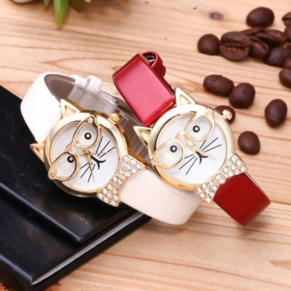 Light board mechanical cat glasses watch cat face small belt children watch cartoon student watch - Amazhona 