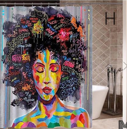 Diseño de arte Graffiti arte Hip Hop chica africana con pelo negro gran pendiente con cortina de ducha de edificio moderno para la decoración del baño