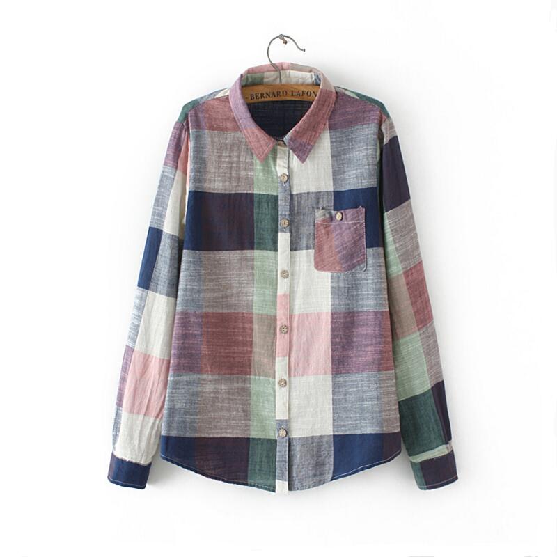 asual Plaid Women Blouses Kimono Vintage Linen Cotton Long Sleeve Blouse Female Shirts Tops - Amazhona 