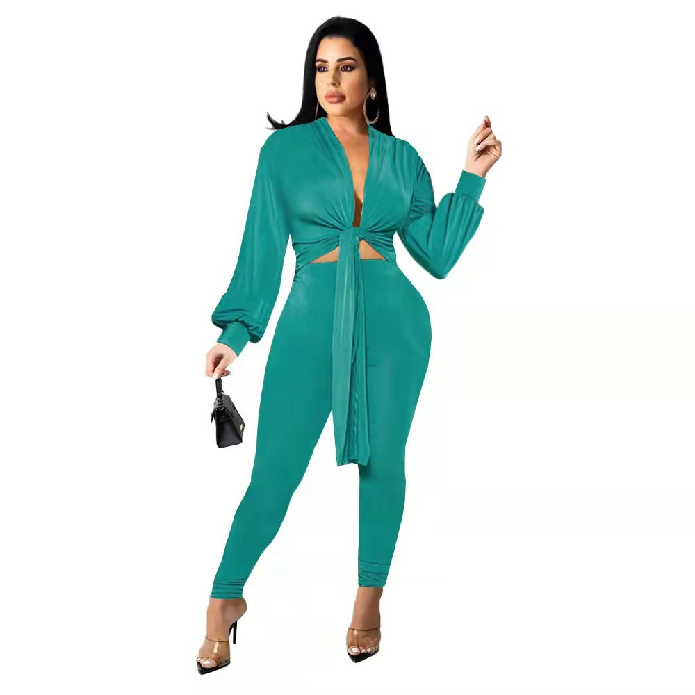 New Solid Color Tie Long Sleeve Women's Two-piece Set - Amazhona 