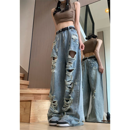 Large Size High Street Wide Leg Beggar Ripped Jeans Women's Retro