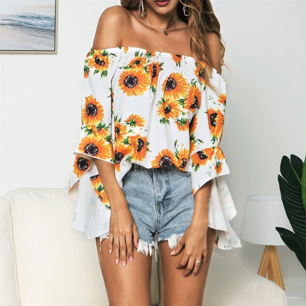 Off shoulder trumpet Sleeve Chiffon shirt - Amazhona 