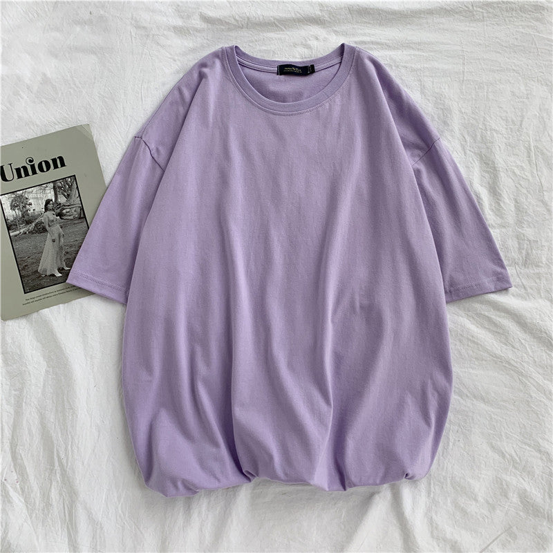 Loose solid color short sleeve T-shirt - Amazhona 