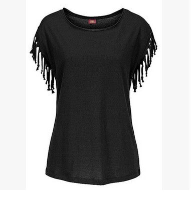 Wish quick sale  ladies Europe and America big size round neck short sleeve cuffs tassel T-shirt cotton tops - Amazhona 