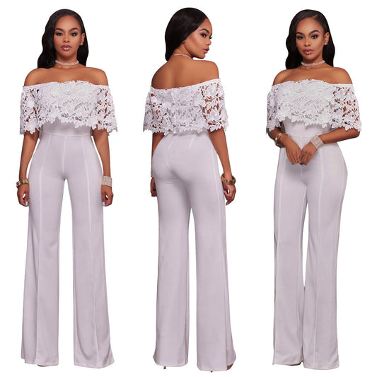 Sexy Tight One-neck Water-soluble Embroidered Jumpsuit - Amazhona 