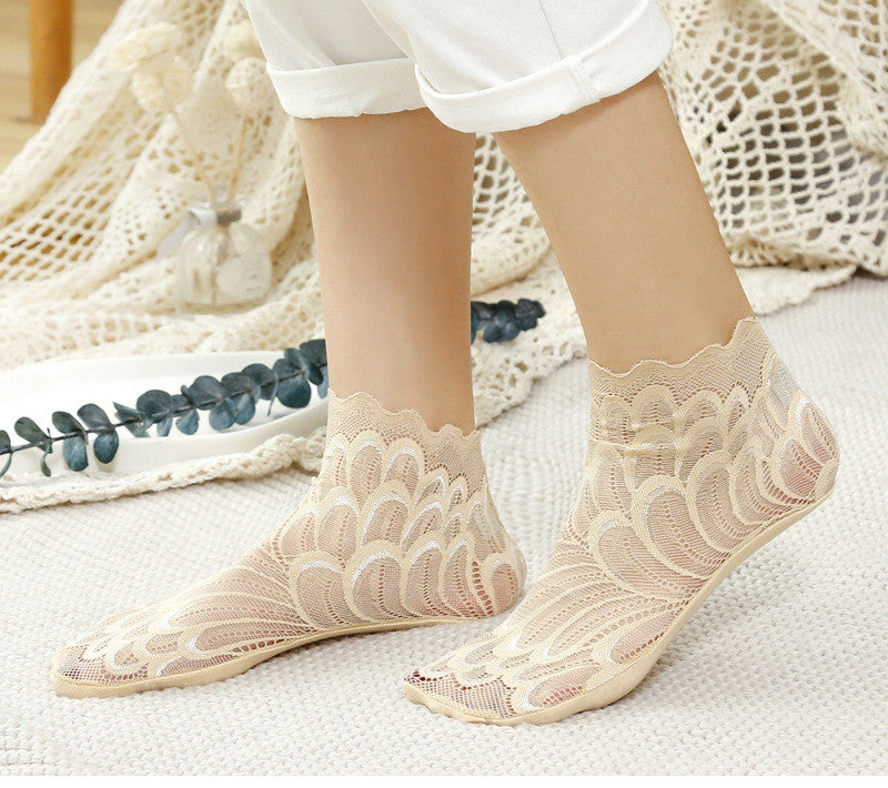 Socks Women Short Cute Solid Color Cotton Bottom Breathable In Tube Mesh Lace Lace - Amazhona 