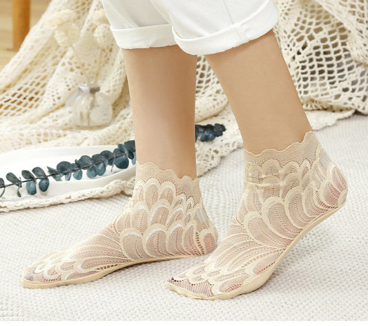 Socks Women Short Cute Solid Color Cotton Bottom Breathable In Tube Mesh Lace Lace - Amazhona 