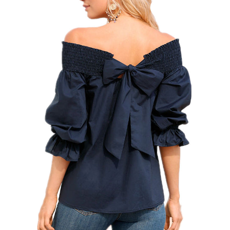 Off Shoulder Tops Spring Summer Strapless Women Blouse Bowknot Slash Neck Shirts Casual Loose Blusas Plus Size - Amazhona 