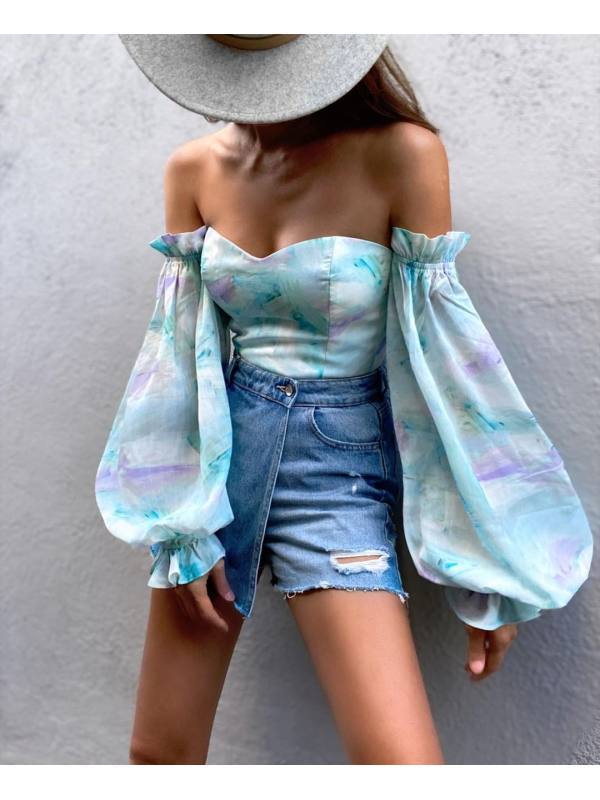 Sexy Off-shoulder Wrapped Chest Printed Lantern Sleeve Chiffon Shirt Blouse - Amazhona 