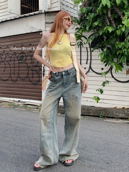 Retro Nostalgic Washed Loose Raw Hem Wide Leg Jeans