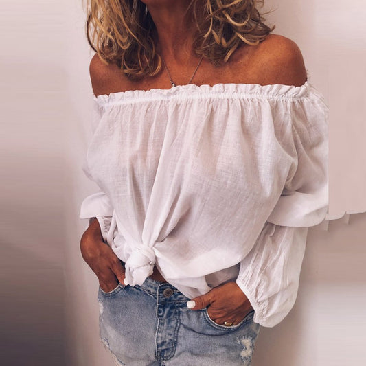 Linen cotton shoulder blouse long sleeves off-the-shoulder - Amazhona 