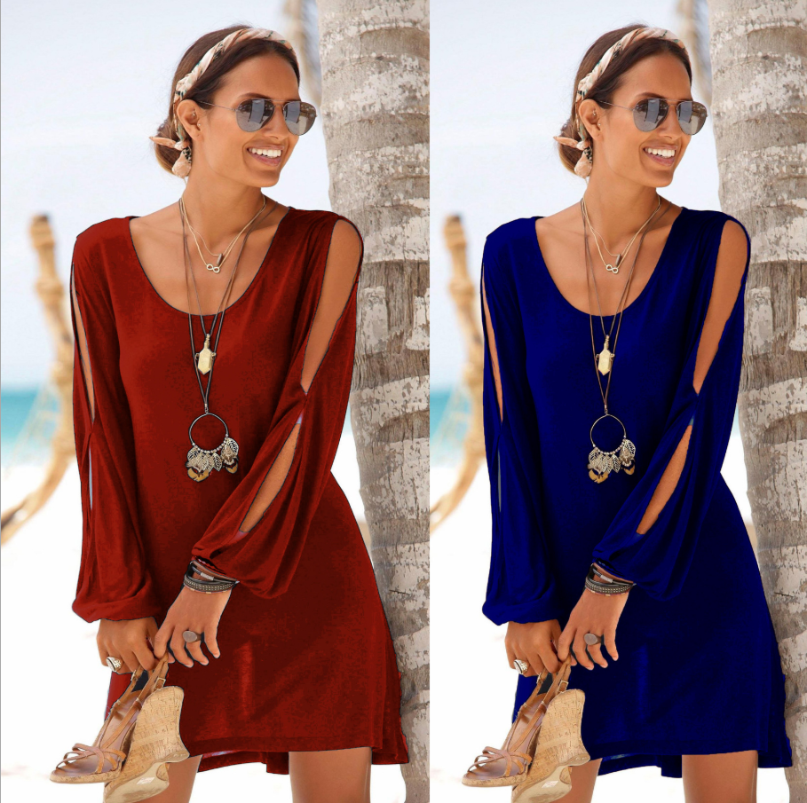 Dress Deep V-neck Loose Shoulder Long Sleeve Casual Beach Dress - Amazhona 