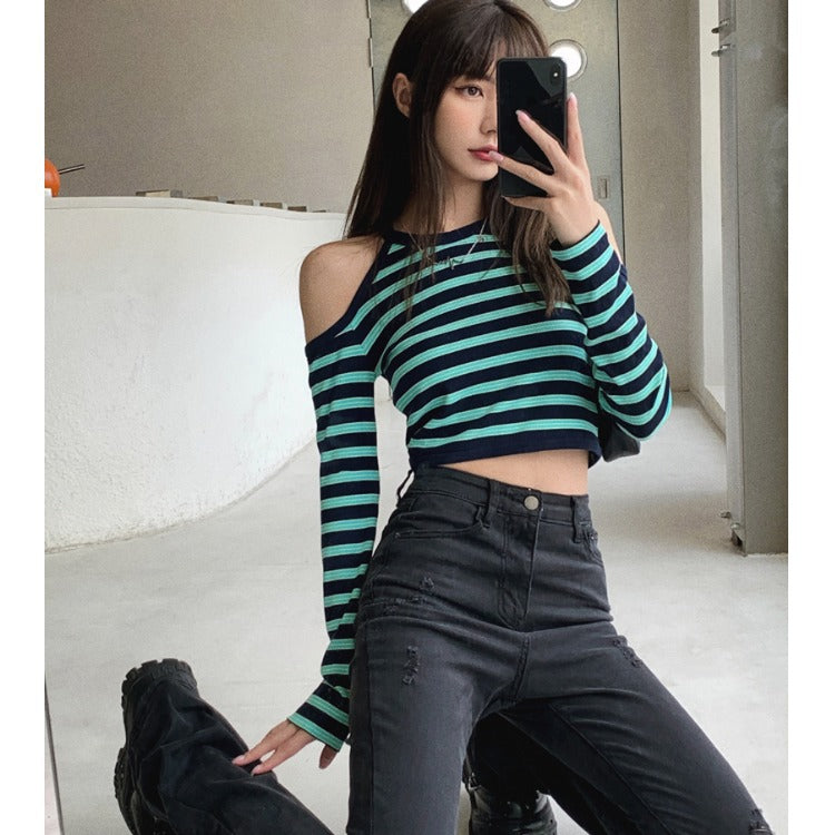 Off Shoulder Striped Long Sleeved T Shirt Women - Amazhona 