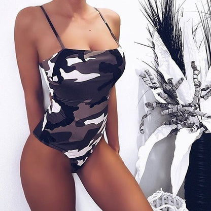 Slim-Fit Suspender Camouflage One-Piece Swimsuit Jumpsuit