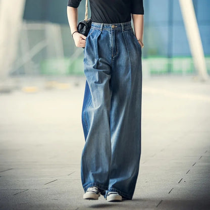 Women's Fashion Color Contrast Loose High Waist Denim Trousers