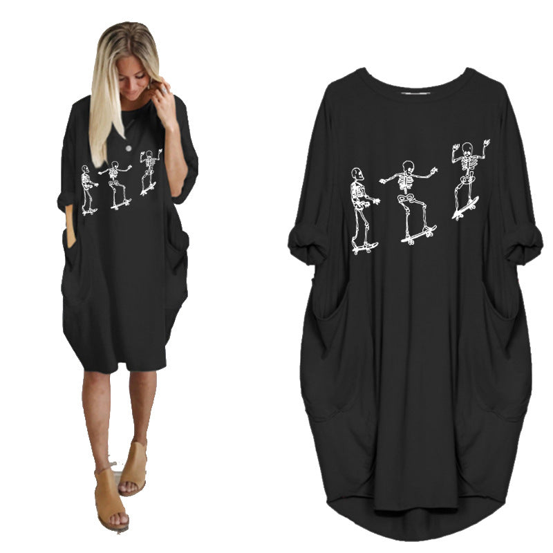 Women's Casual Loose Pocket Long Sleeve Halloween Printed Dress - Amazhona 