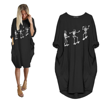 Women's Casual Loose Pocket Long Sleeve Halloween Printed Dress - Amazhona 