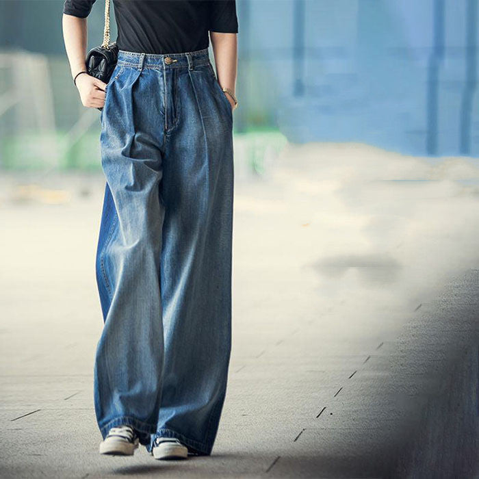 Women's Fashion Color Contrast Loose High Waist Denim Trousers