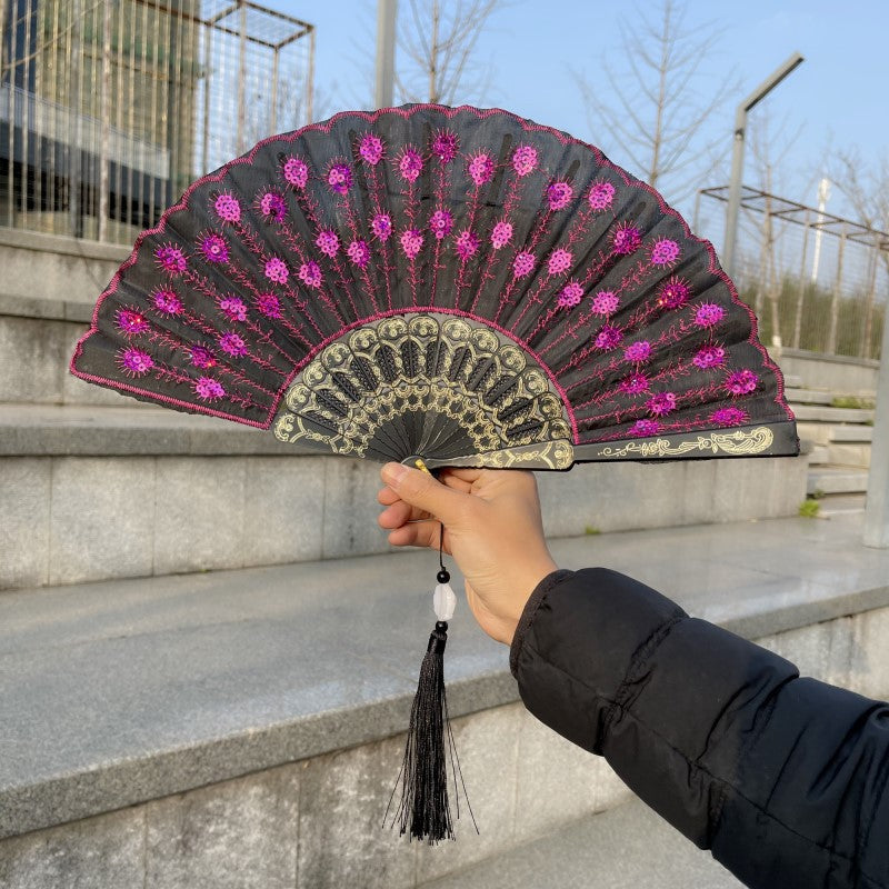 Peacock Feather Folding Fan Embroidery Black Rod - Amazhona 