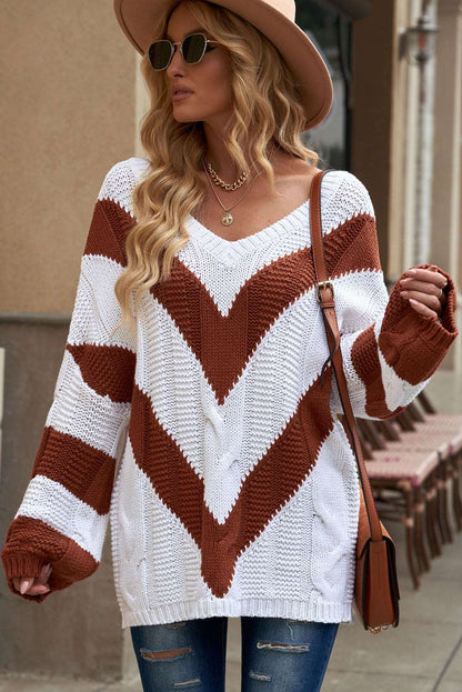 Chevron Cable-Knit V-Neck Tunic Sweater - Amazhona 