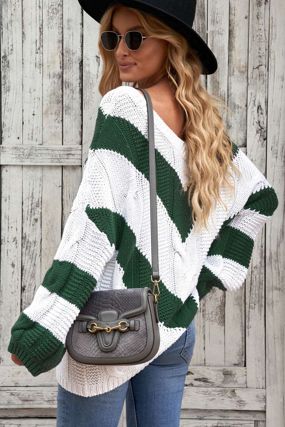 Chevron Cable-Knit V-Neck Tunic Sweater - Amazhona 