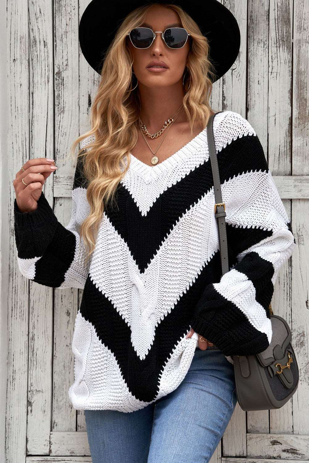 Chevron Cable-Knit V-Neck Tunic Sweater - Amazhona 