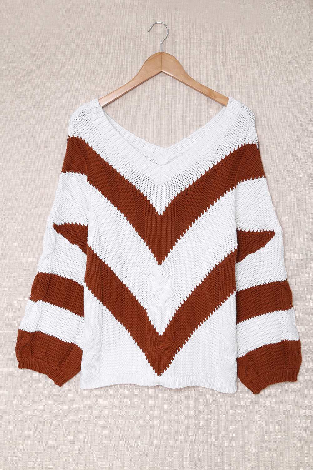 Chevron Cable-Knit V-Neck Tunic Sweater - Amazhona 