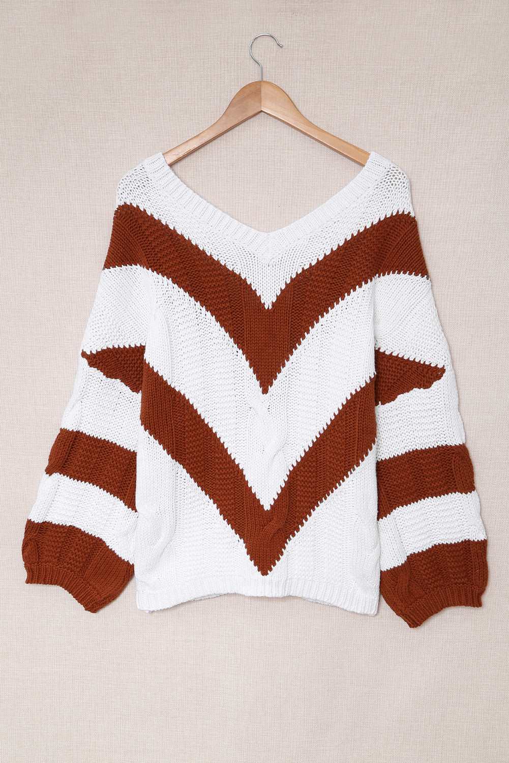 Chevron Cable-Knit V-Neck Tunic Sweater - Amazhona 