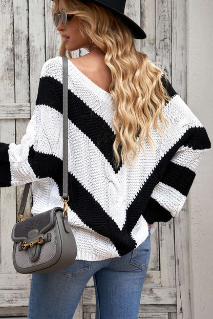 Chevron Cable-Knit V-Neck Tunic Sweater - Amazhona 