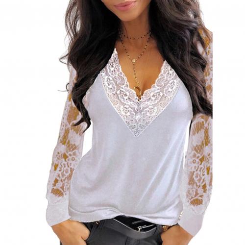 blusas de mujer Sexy Women Blouse Deep V Neck Lace Trim See Through Polyester Long Sleeve shirt Blouse Top Women's Clothing женская одежда 2021 - Amazhona 